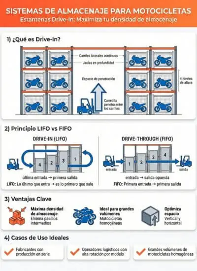 Estanterias aplicadas al almacenamiento de motocicletas drive-in y drive-through