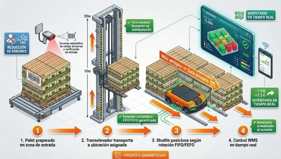 infografia del proceso para automatizar un almacen de enlatados aplicado a la industria de las aceitunas