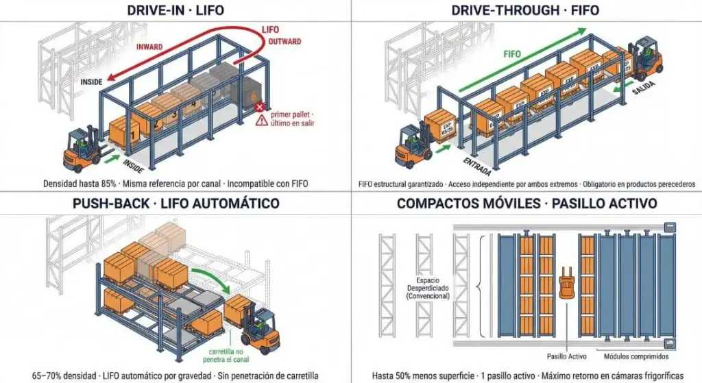sistema de almacenamiento compacto: Drive-In, Drive-Through, push-back, compactos moviles