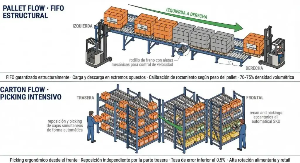 sistema de almacenamiento dinamicos: pallet flow y carton flow