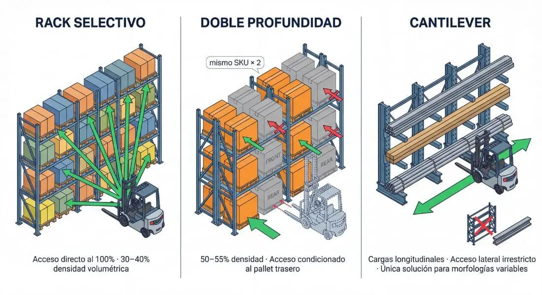 sistema de almacenamiento convencional: rack selectivo, doble profundidad, cantilever